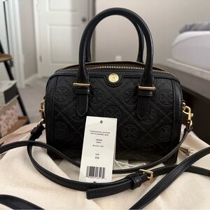 Mint Condition-Tory Burch-Petite T Monogram Leather Mini Barrel Top-Handle Bag